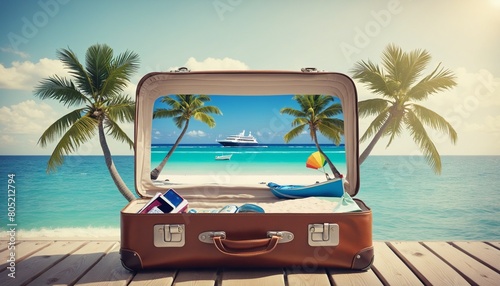 vacation travel time banner, open travel suitcase with exotic destination inside with copy space area © Fukurou