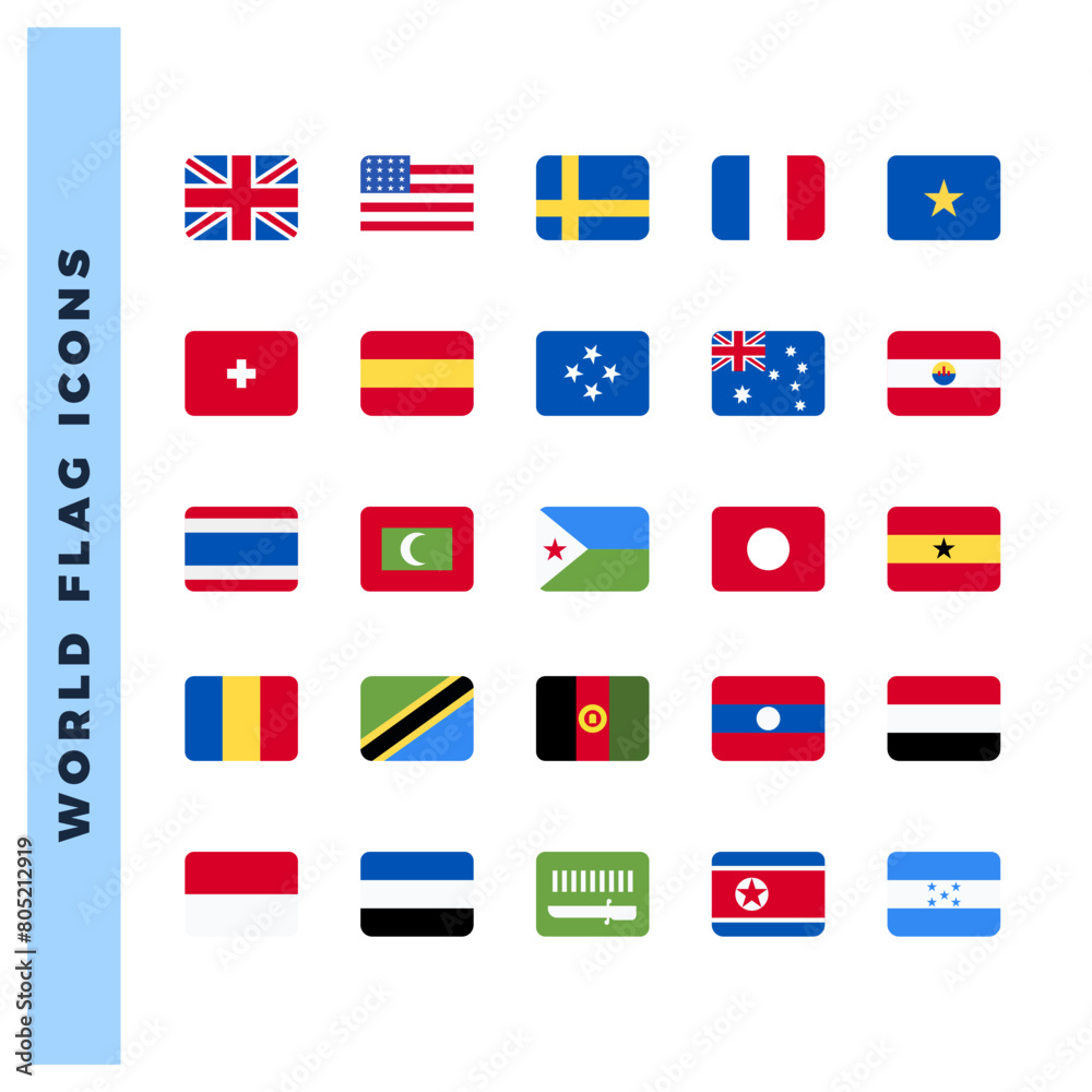25 World Flags Rounded Square. icons Pack. vector illustration. 25 World Flags Rounded Square. icons Pack. vector illustration.