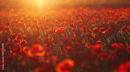 A beautiful field of red flowers with the sun shining in the background. Perfect for nature and landscape designs
