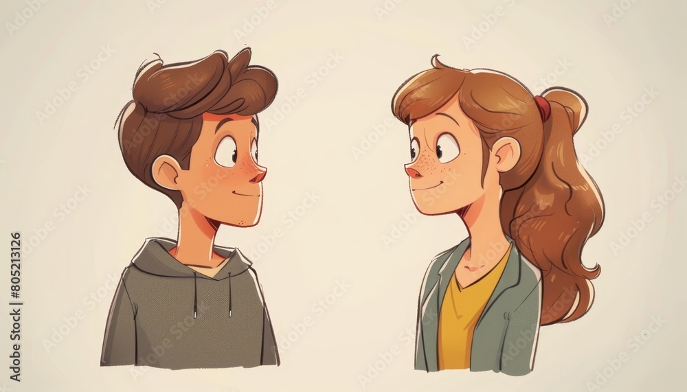 A man and a woman face one another, their gazes locked, heads turned toward each other A man and a woman face one another, their gazes locked, heads turned toward each other