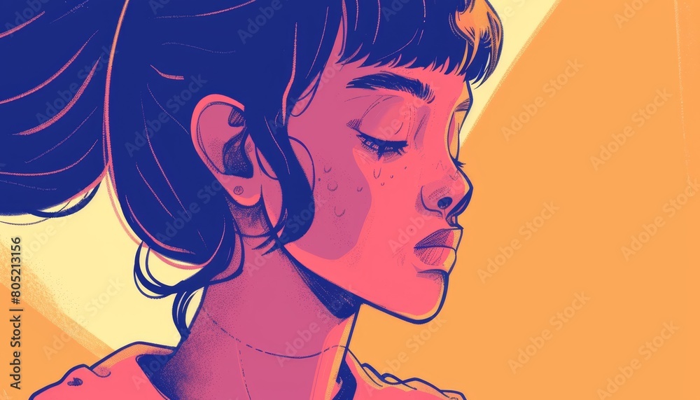 A woman's face is depicted with closed eyes and tied hair in a ponytail A woman's face is depicted with closed eyes and tied hair in a ponytail