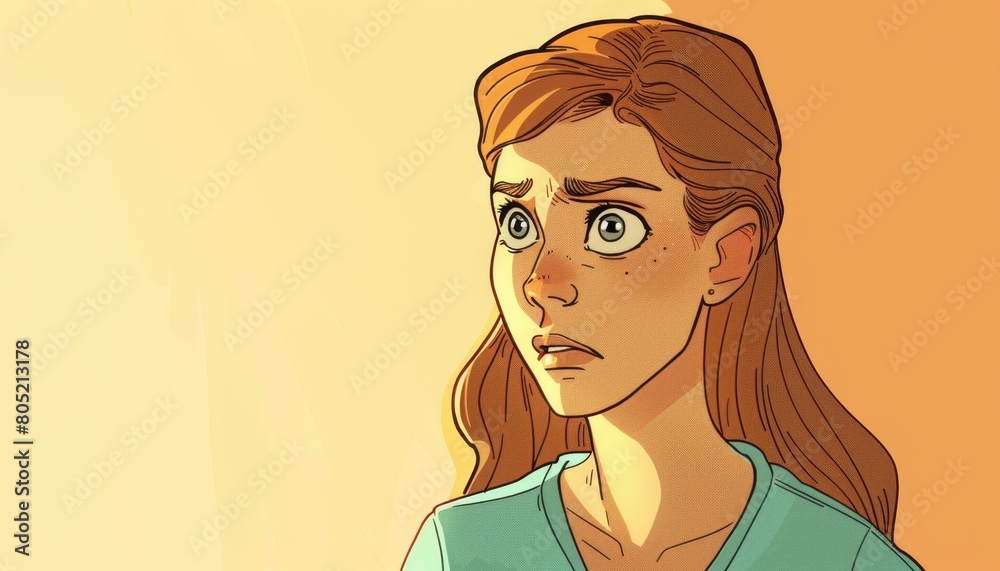 Woman with long red hair and concerned expression stands before yellow backdrop Woman with long red hair and concerned expression stands before yellow backdrop