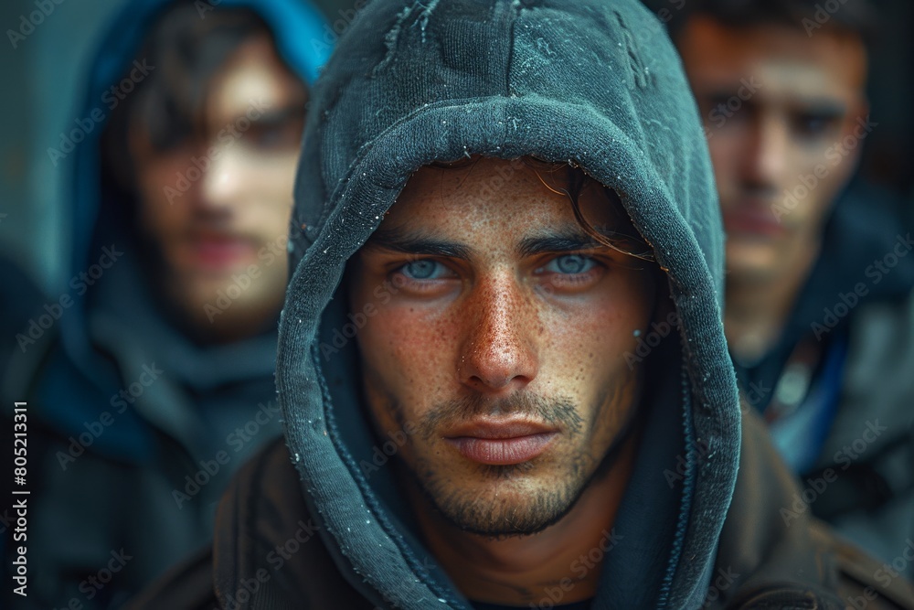 Young man with hood and piercing look surrounded by two blurry friends in an urban setting Young man with hood and piercing look surrounded by two blurry friends in an urban setting
