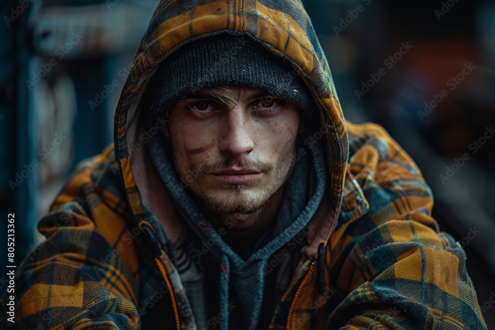An impactful close-up portrait of a young man with blue eyes wearing a plaid hooded jacket, looking intently at the camera An impactful close-up portrait of a young man with blue eyes wearing a plaid hooded jacket, looking intently at the camera