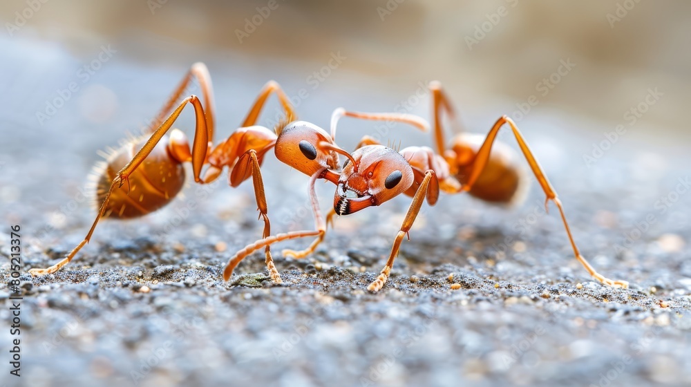 Two red ants stand next to one another on a cement surface near a body of water Two red ants stand next to one another on a cement surface near a body of water