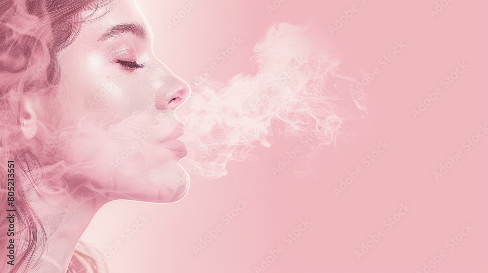   A woman emitting pink smoke from her mouth as she smokes a cigarette