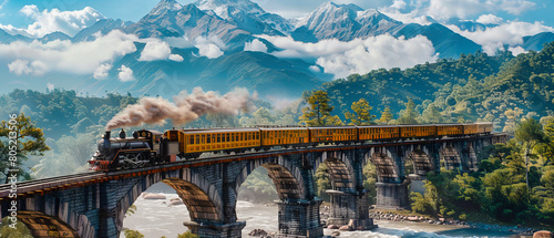 Historic steam train crossing a scenic bridge in the mountains, a nostalgic journey through picturesque landscapes photo