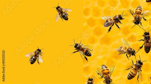  A group of bees atop one beehive, adjacent to another, against a yellow backdrop