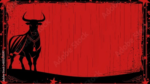   A black bovid  image against a red backdrop with stars and grunge border photo