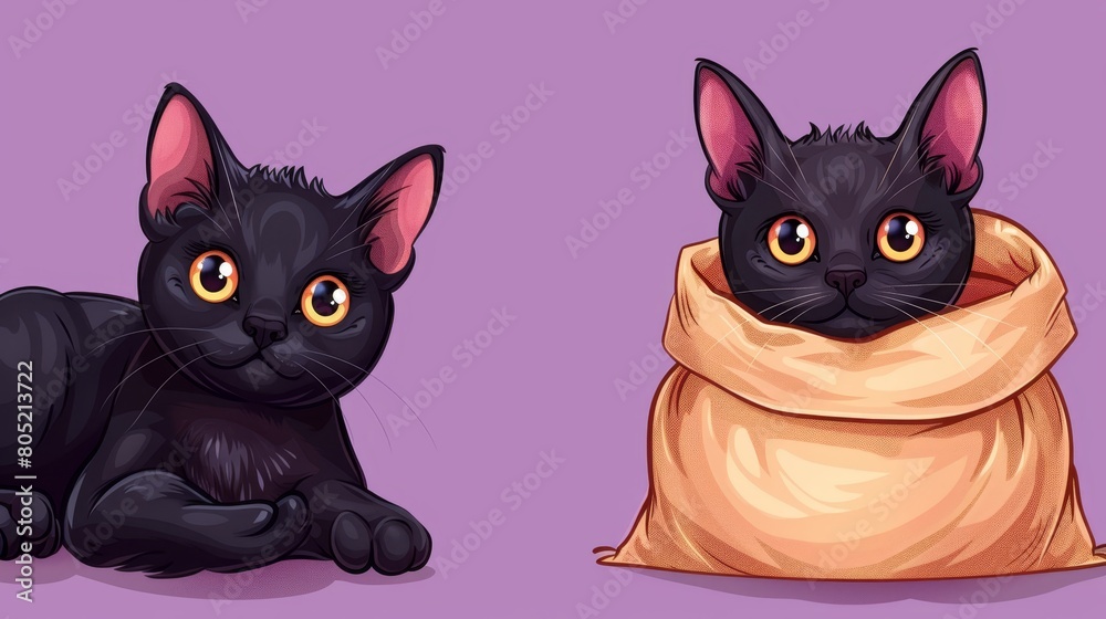 Two black cats seated side by side on a purple backdrop A sack lies before them Two black cats seated side by side on a purple backdrop A sack lies before them