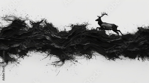  A black deer atop wave-like ink blot on white backdrop