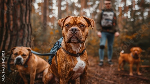  A person and a brown-and-white dog stand on a forest trail The dog wears a backpack