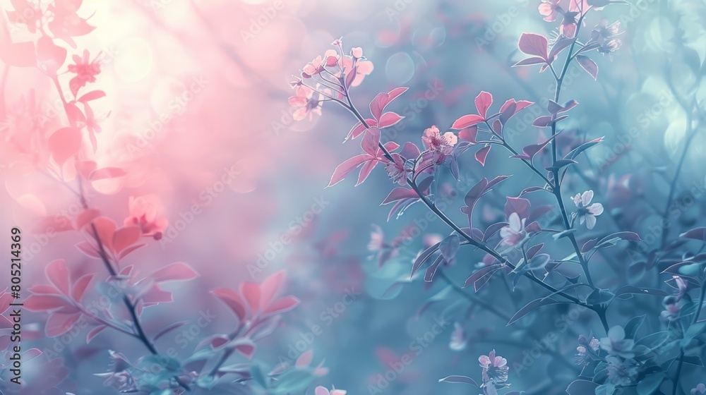   A tight shot of a pink-blue bloom on a branch against a hazy backdrop of pink and blue blossoms