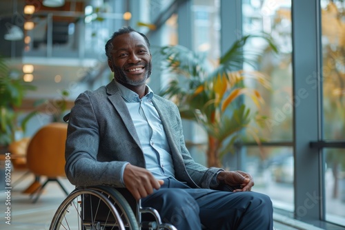 Cheerful man in a wheelchair sporting a friendly smile in a contemporary indoor environment