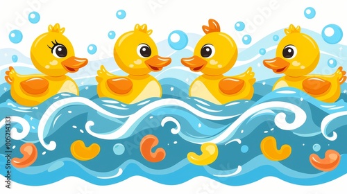   A group of ducks floating on a body of water with bubbles at the surface and at the bottom