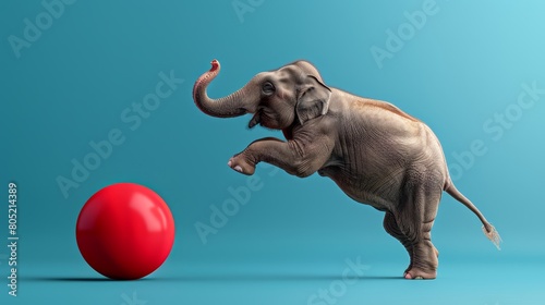   An elephant atop hind legs  adjacent to a red ball against a blue-green background  with a separate blue backdrop