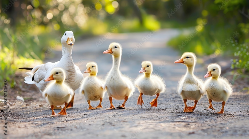 A group of ducks walks along a dirt road, accompanied by another group on the roadside A group of ducks walks along a dirt road, accompanied by another group on the roadside