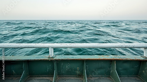  A scene of a vast water body from a boat's vantage point, featuring a metal railing in the foreground