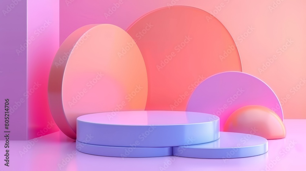 Three round plates align on a pink and blue surface, against a backdrop of pink Three round plates align on a pink and blue surface, against a backdrop of pink