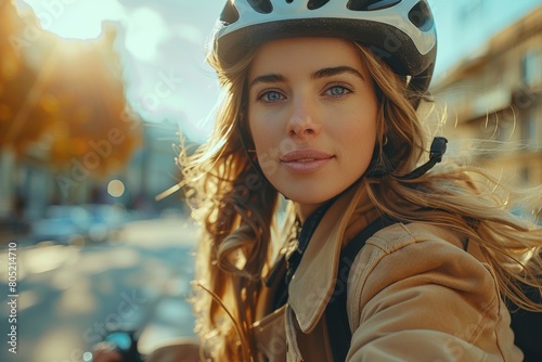 An attractive female cyclist is wearing a helmet and looks onward with the city bathed in sunlight behind her photo
