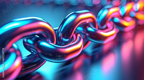   A tight shot of a metallic chain against a backdrop of blue and pink The chain is clear and focused, while the image behind it is softly blurred, showcasing overlapping photo