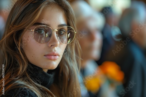 A young woman with glasses and a thoughtful expression observes something while surrounded by blurred people
