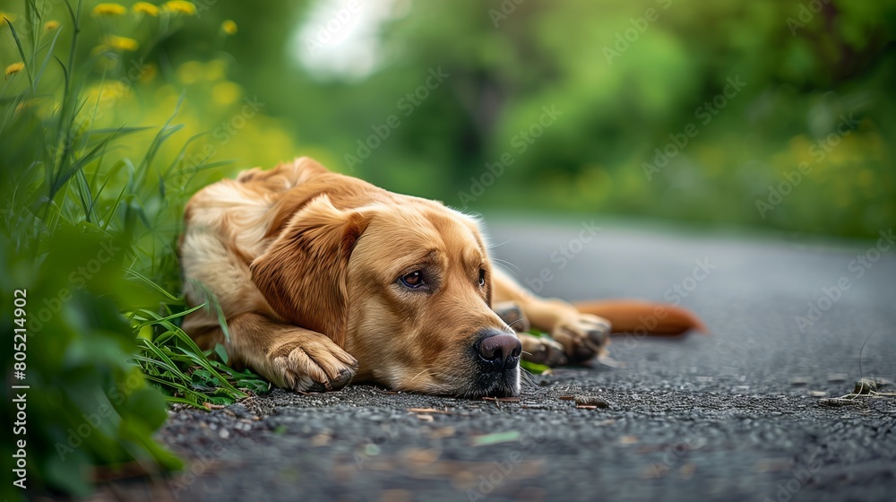 A yellow Labrador retriever lies on the road waiting for his owner. The concept of pet loyalty. A yellow Labrador retriever lies on the road waiting for his owner. The concept of pet loyalty.