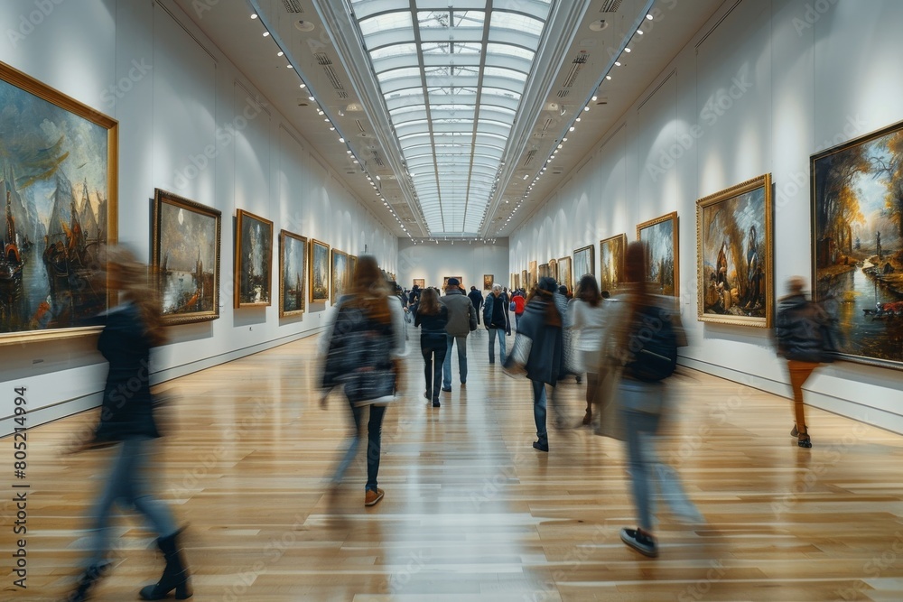 © Larisa AI - Visitors casually stroll through a museum hall, surrounded by classic paintings, offering a peaceful and reflective art experience