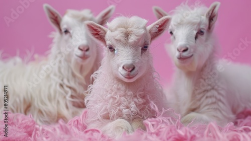 Three baby sheep rest together on a pink, fluffy bed against a pink backdrop