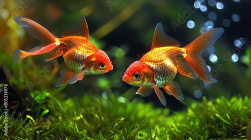  Two goldfish gazing at one another in an aquarium, framed by green algae in the foreground and a blue sky backdrop