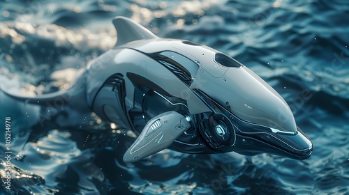 A robot dolphin swims in the ocean. A futuristic dolphin jumps out of the water next to a boat. The concept of robotics. photo