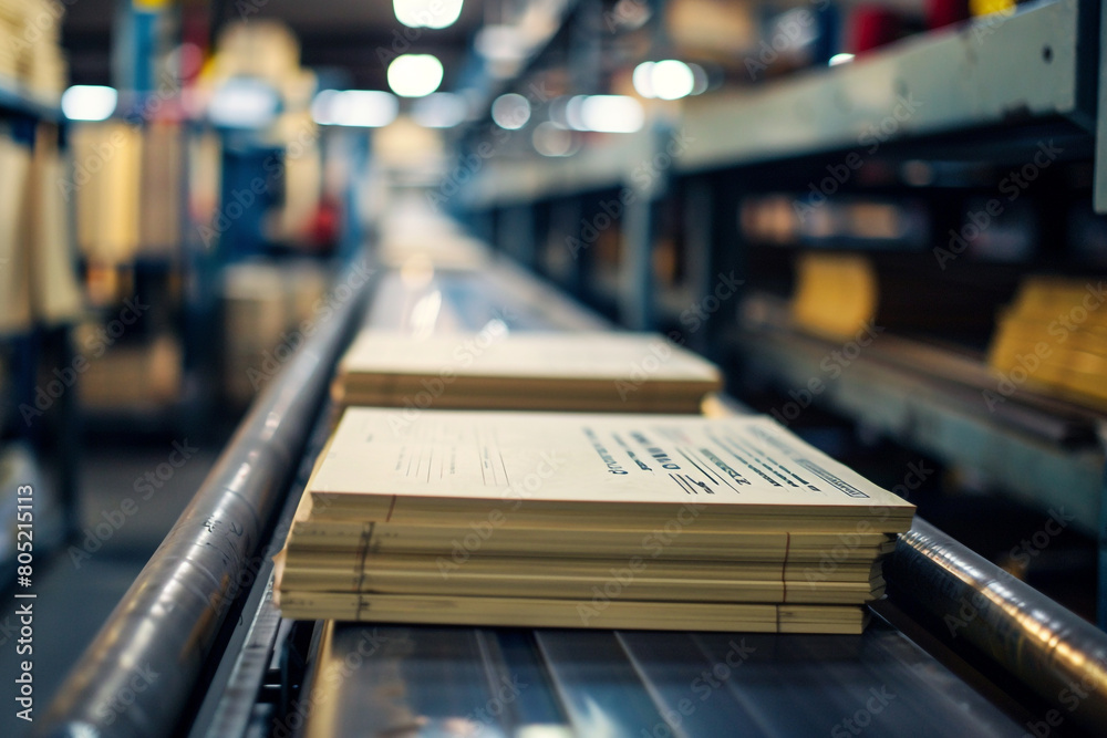 Freshly printed books on a conveyor close-up on the birth of new literature Freshly printed books on a conveyor close-up on the birth of new literature