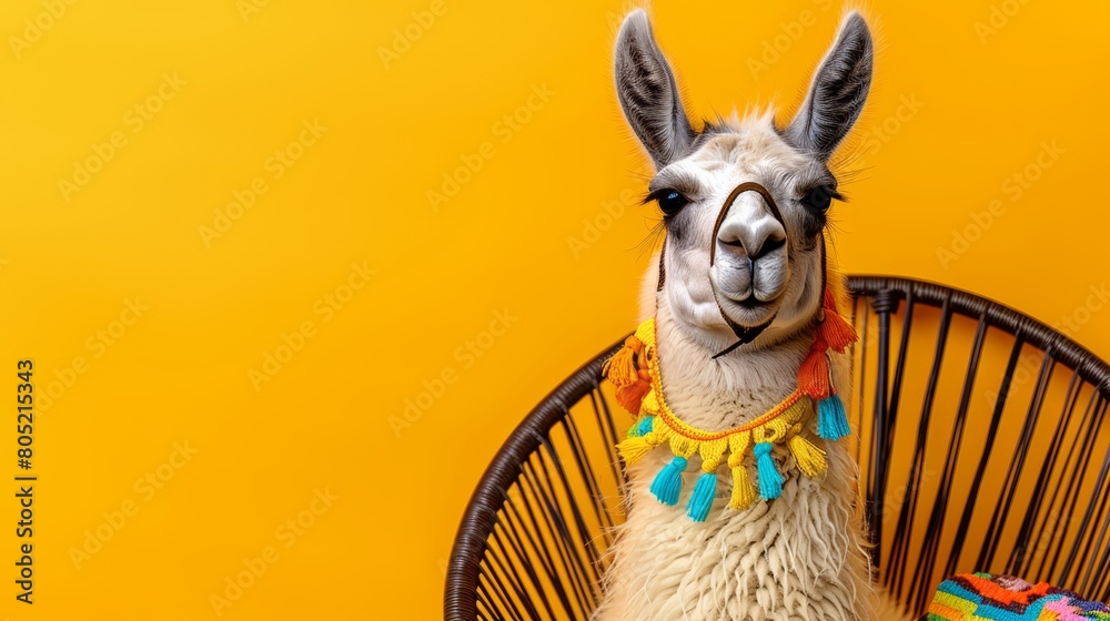 Fototapeta premium A llama sits in a wicker chair against a yellow wall