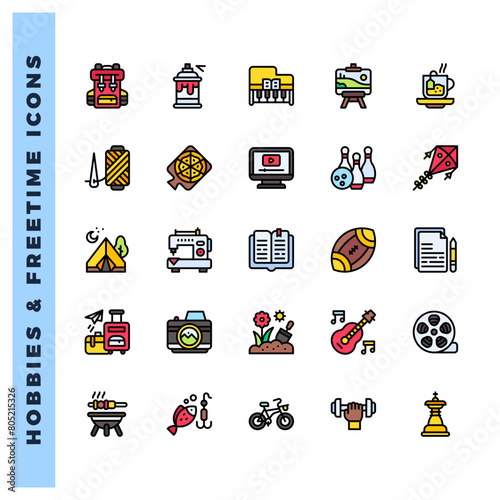25 Hobbies and Freetime Lineal Color icons pack. vector illustration.
