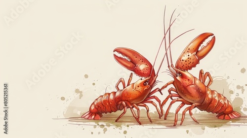   Two lobsters positioned beside one another against a backdrop of white and brown, featuring specks of paint