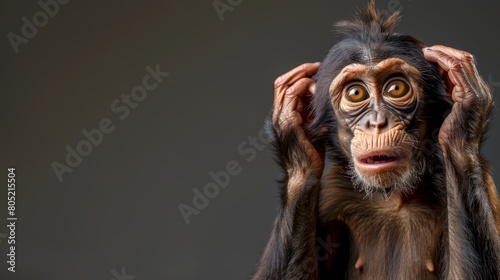   A tight shot of a monkey touching its forehead, revealing a shocked expression © Jevjenijs
