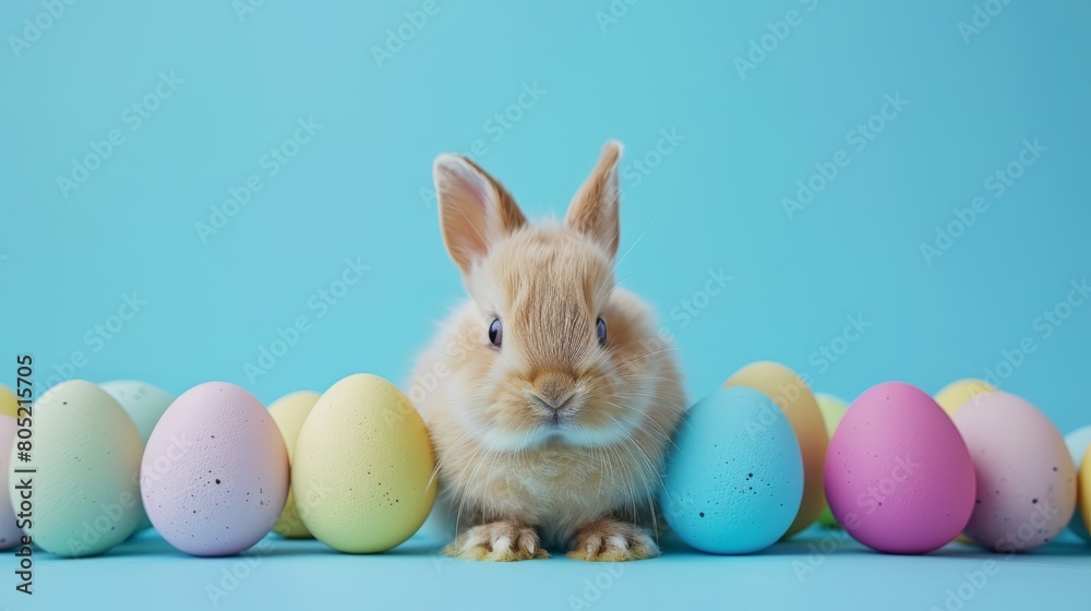   A rabbit sits before a row of colorful eggs against a blue backdrop