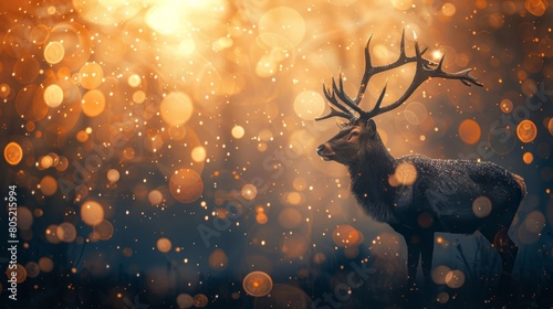   A deer with antlers against a blurred backdrop, featuring a beam of light bokeh originating from above its antlers photo