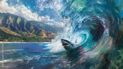  A man atop a surfboard rides a wave in the ocean, surrounded by towering mountains behind