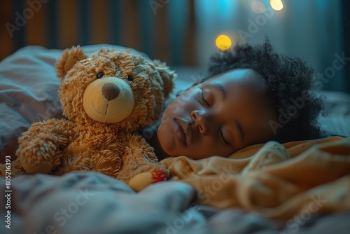 Cozy bedroom scene with a child hugging a teddy bear before they sleep, symbolizing comfort and warmth