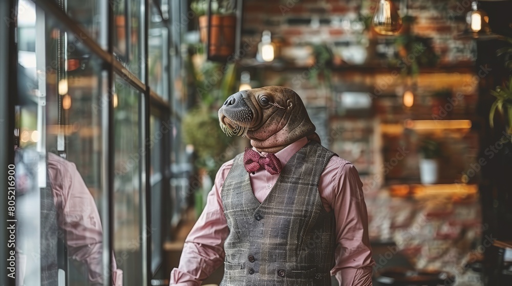 A dog in vest and bow tie stands before a window, brick wall behind A dog in vest and bow tie stands before a window, brick wall behind