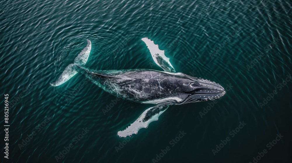   A humpback whale swims in the ocean with its mouth open and head above water's surface