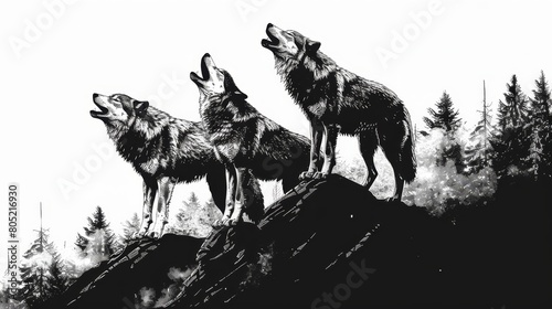   Three wolves atop a mountaineer's peak, gazing skyward with wide-open maws photo