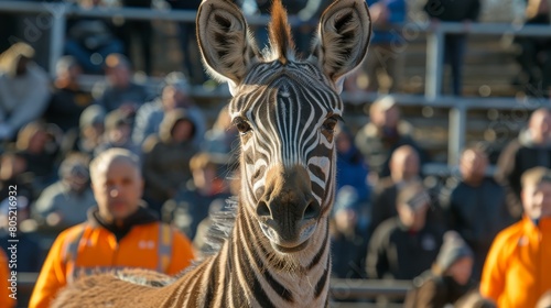  A tight shot of a zebra before an assembly of individuals in orange shirts, surrounded by a throng of onlookers