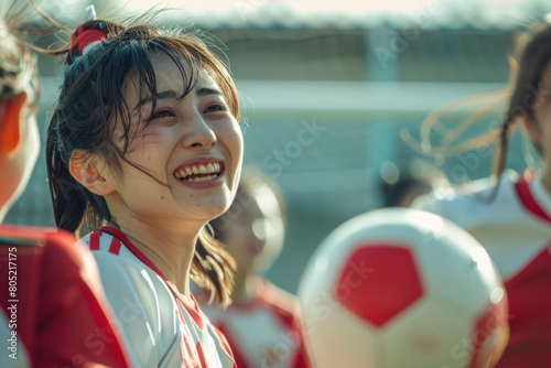 An enjoyable atmosphere illustration of a group of women in red and white outfits playing soccer football happily on the local field.