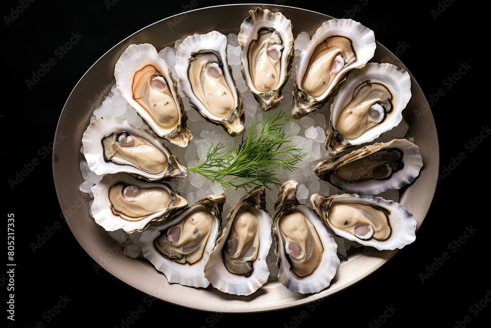 Textured Raw oysters top view. Opened and whole world seafood delicacy food. Generate ai Textured Raw oysters top view. Opened and whole world seafood delicacy food. Generate ai