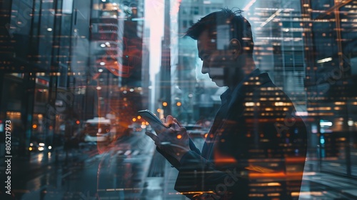 The double exposure image of the business man holding phone sunrise overlay with cityscape image. 