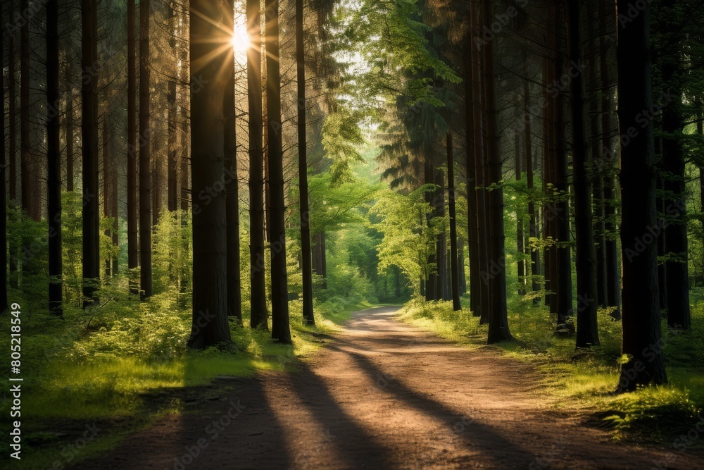 Magical summer scenery in a dreamy forest, with rays of sunlight beautifully illuminating the wafts of mist and painting stunning colors into the trees. High quality photo