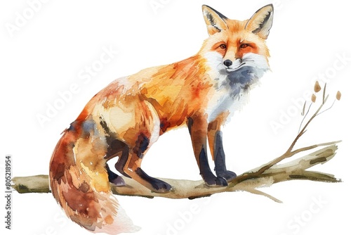 A watercolor painting of a fox sitting on a branch. Suitable for nature-themed designs