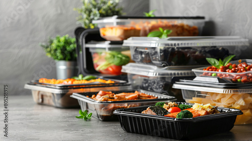 Assortment of food delivery containers on table
